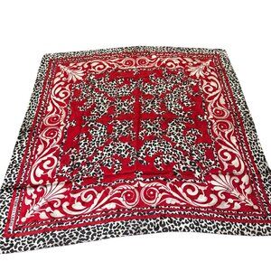 Enrico Coveri Vintage Silk Scarf — Made in Italy — Red & Leopard Baroque Print (